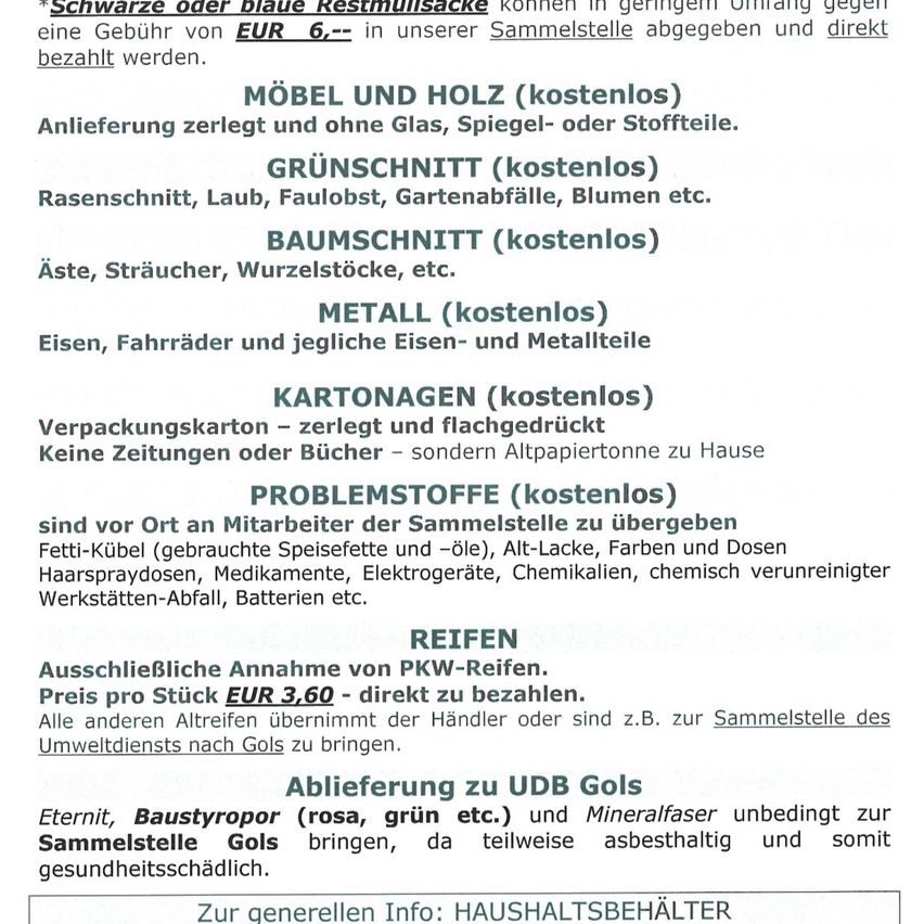 A flyer offers free pickup of various recyclable materials. It lists categories such as furniture, green waste, metals, cardboard, and hazardous waste. Specific items include broken glass, branches, roots, iron, and old tires. The flyer also mentions the price for certain items.