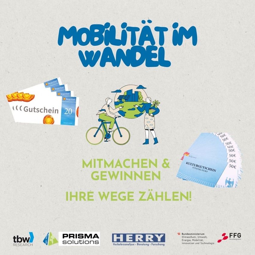 An advertisement for 'Mobilität im Wandel' features two people on bikes, a globe, and vouchers. The text encourages participation and rewards for paying your way. Logos of partners and sponsors are also displayed.