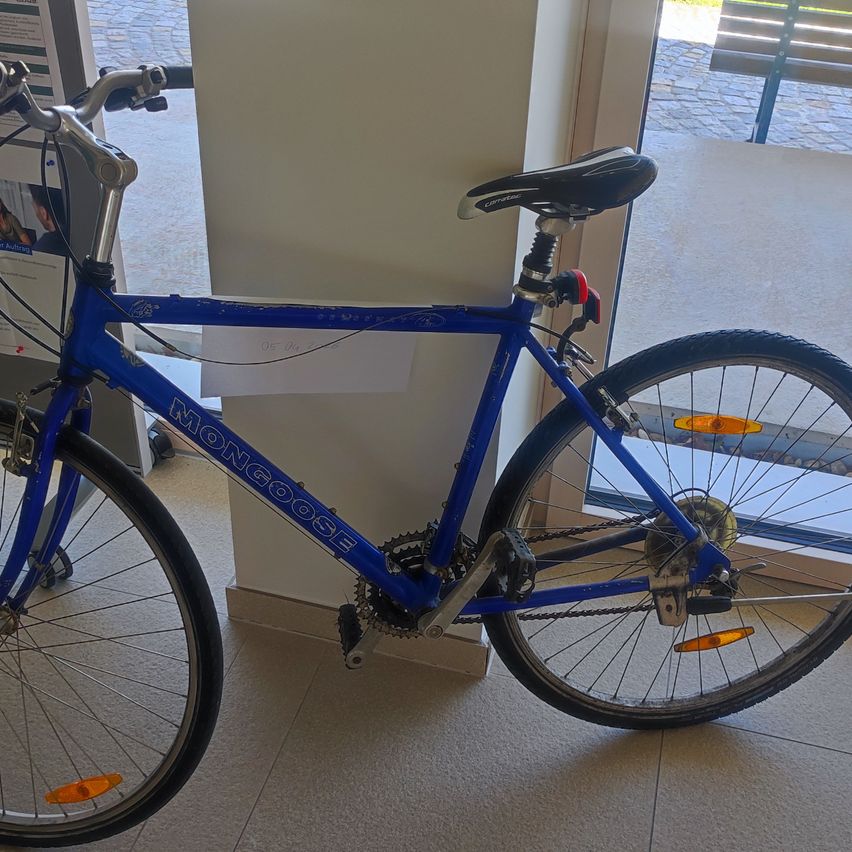 A blue Mongoose bicycle with a black seat and orange reflectors is parked inside a building with a brick floor and a glass door.
