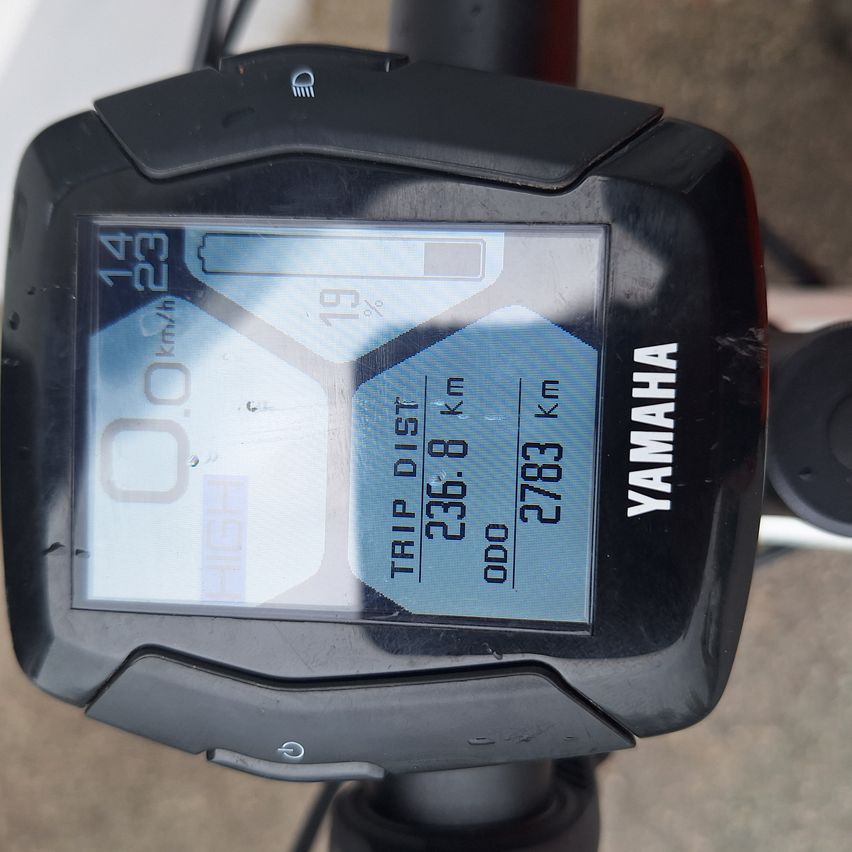 Close-up of a Yamaha bicycle computer showing trip distance 236.8 km and total distance 2783 km.