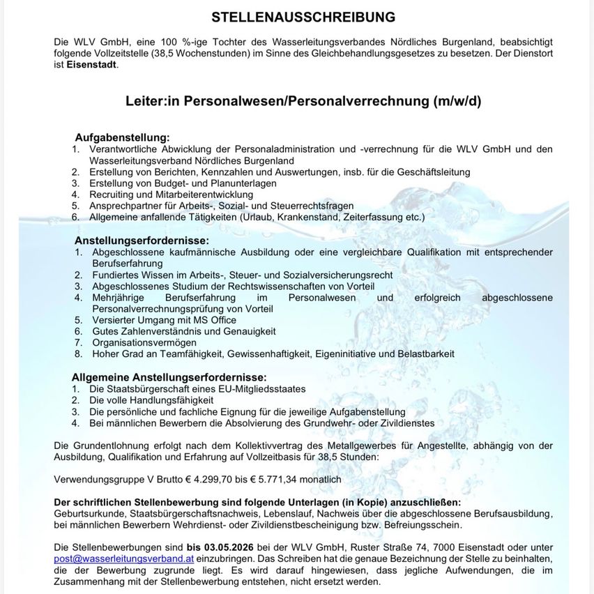 The document is a job description for a position in Personnel/Human Resources. It outlines responsibilities such as managing personnel administration, establishing reports, and recruiting. Requirements include a completed commercial education, university studies, or a successful legal internship. The position is located in Eisenstadt.