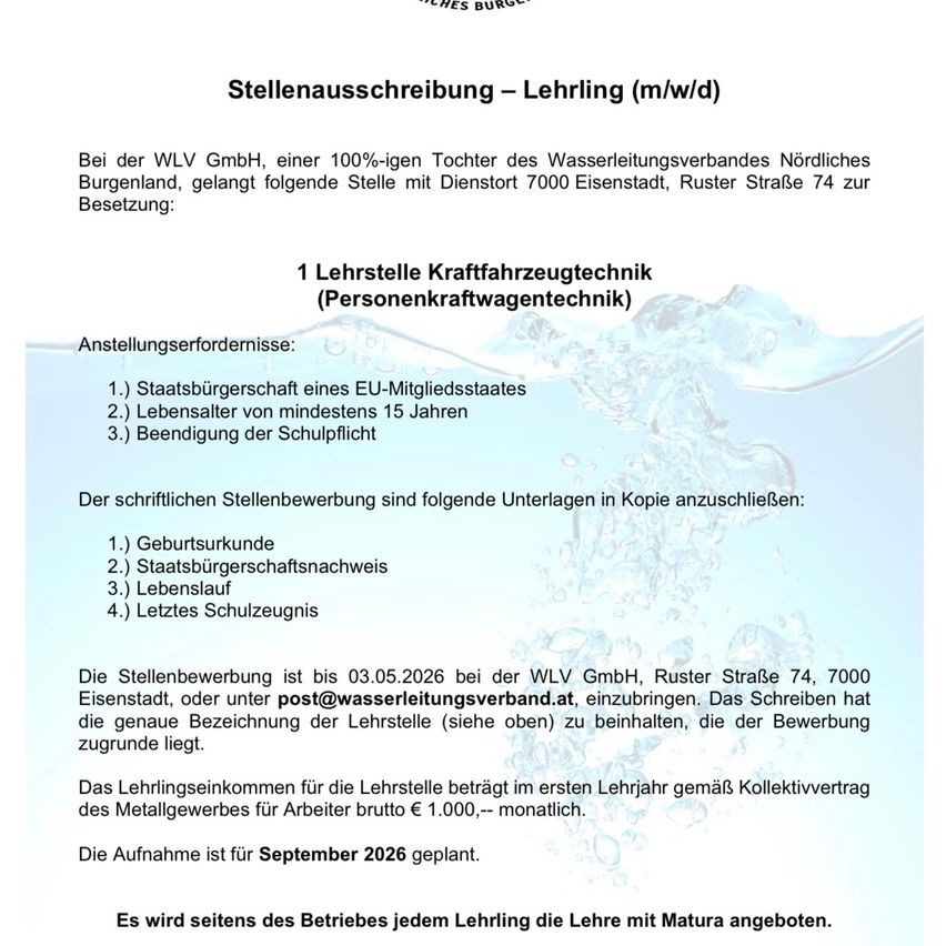 Job posting for an apprenticeship in motor vehicle technology at WLV GmbH. Requirements include EU citizenship, age 15, and a school certificate. Application deadline is May 3, 2026.