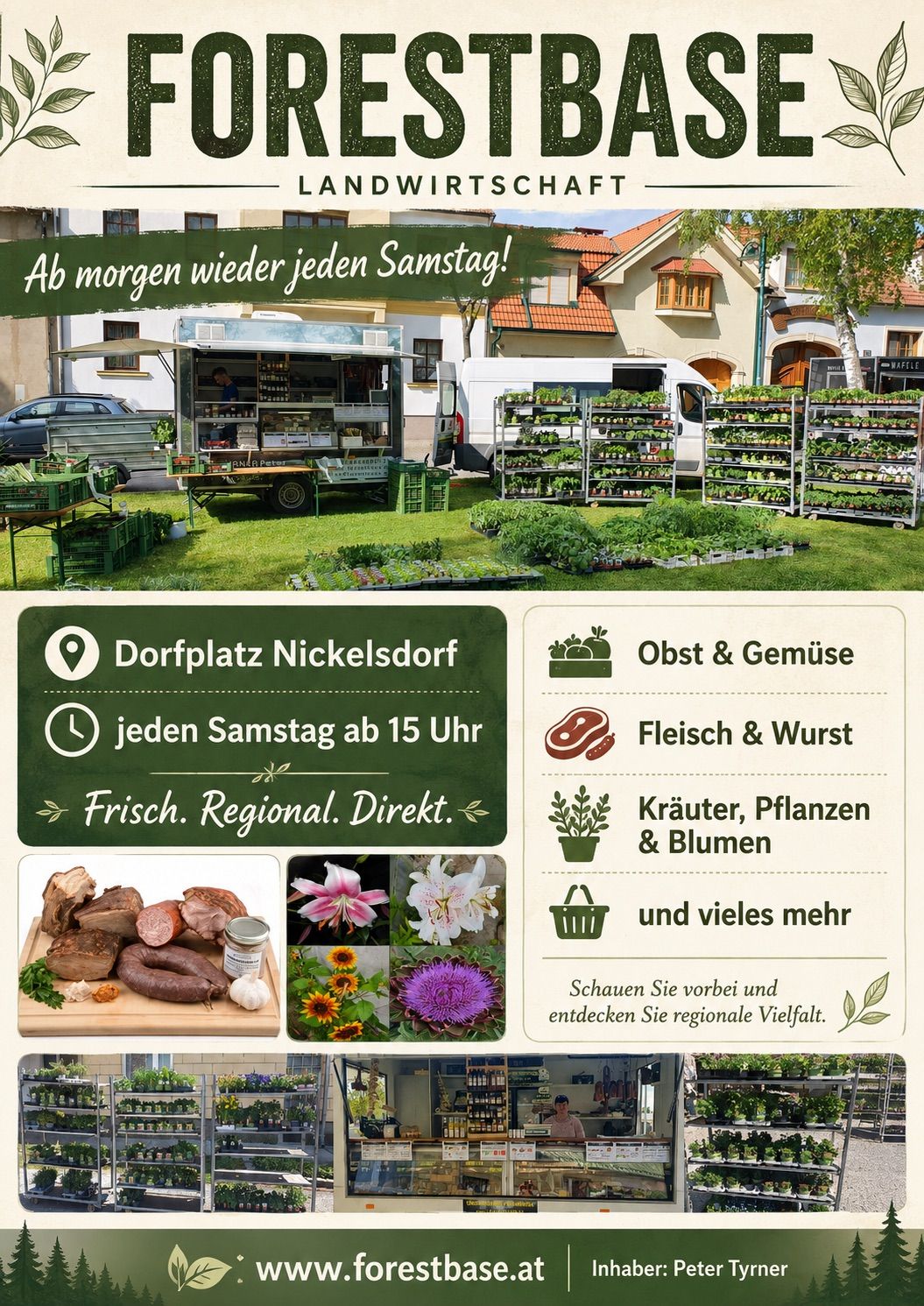 An advertisement for a local market in Nickelsdorf, featuring fresh produce, meats, herbs, plants, and flowers, with a food truck and a house in the background.