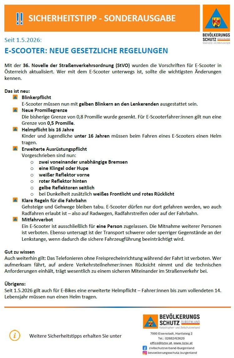 The 36th amendment to the Road Traffic Act (StVO) updated E-scooter regulations in Austria. E-scooters must now have yellow turn signals and a new blood alcohol limit. Helmets are mandatory for children under 16. E-scooters must have two independent brakes, a bell or horn, and a white reflector in the front.