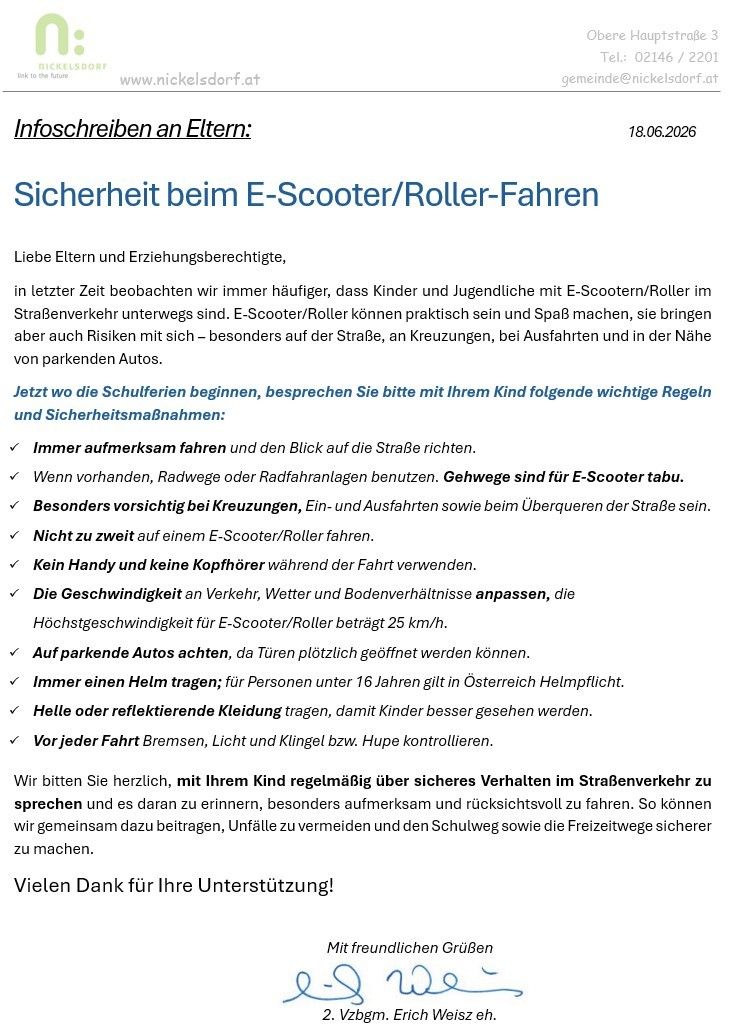 The image provides safety guidelines for children riding e-scooters or scooters on the road, emphasizing awareness, using designated paths, and being cautious at intersections. It also highlights the importance of wearing helmets, not using phones while riding, and adjusting speed to traffic, weather, and road conditions.
