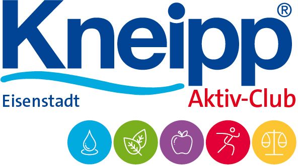 Das Logo des Kneipp Aktiv-Club Eisenstadt zeigt eine blau-weiße Welle, einen Wassertropfen, ein Blatt, einen Apfel, eine laufende Figur und eine Waage.