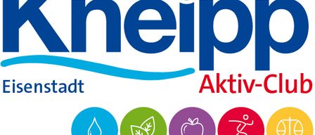 Das Logo des Kneipp Aktiv-Clubs in Eisenstadt, mit dem Wort 'Kneipp' in Blau und einer Wellensymbolik sowie 'Aktiv-Club' in Rot, zusammen mit fünf Symbolen für Wasser, Natur, Apfel, Laufen und Balance.