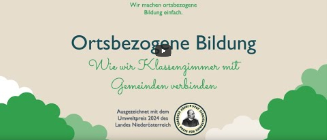 Ein Plakat bewirbt lokale Gemeindebildung mit einem Baumlogo, einem Video-Play-Button und der Phrase 'Ortsbezogene Bildung', zusammen mit einem Preislogo und dem Text 'Ausgezeichnet mit dem Umweltpreis 2024 des Landes Niederösterreich.'