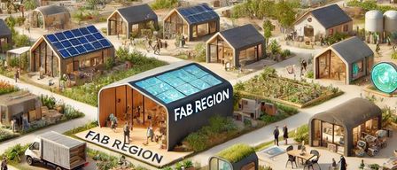 Eine futuristische Gemeinschaft mit nachhaltigen Häusern, Solarpaneelen, Windrädern und viel Grün. Menschen gehen herum, und es gibt verschiedene Fahrzeuge und Sitzgelegenheiten im Freien.