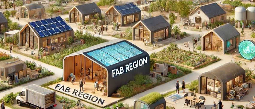 Eine futuristische Gemeinschaft mit nachhaltigen Häusern, Solarpaneelen, Windrädern und viel Grün. Menschen gehen herum, und es gibt verschiedene Fahrzeuge und Sitzgelegenheiten im Freien.
