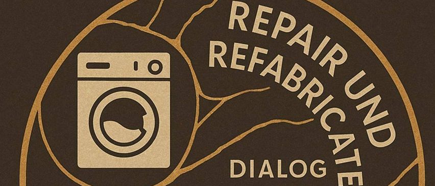 Ein kreisförmiges Logo mit einer Waschmaschine, QR-Code und einem Baum mit dem Text 'Reparieren, Refab, Dialog mit Mariahilfer'. Das Logo ist auf einem braunen Hintergrund.