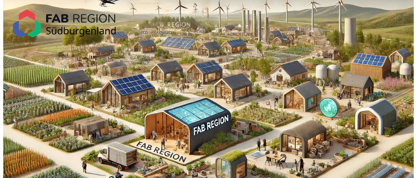 Eine Vogelperspektive einer futuristischen Gemeinschaft namens Fab Region, mit solarbetriebenen Häusern, Windrädern und einer zentralen Struktur mit Pool. Menschen gehen und interagieren.