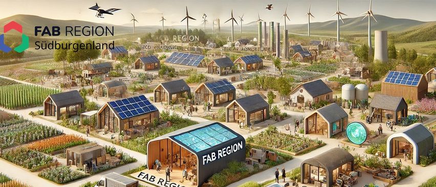 Illustration einer futuristischen nachhaltigen Gemeinschaft mit umweltfreundlichen Häusern, Solarpanelen und Elektrofahrzeugen. Ein großes zentrales Gebäude mit der Aufschrift 'FAB REGION' ist prominent.