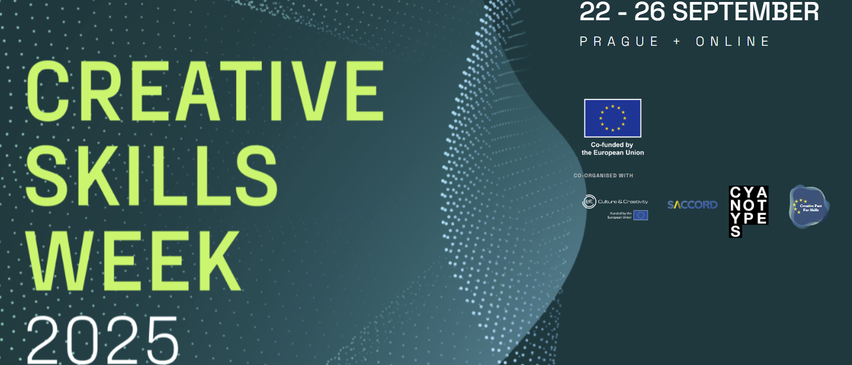 Ein Poster für eine Prager Veranstaltung, datiert auf den 22., zeigt das Logo der Europäischen Union und erwähnt die Kofinanzierung und Ko-Organisation mit Culture & Creation.