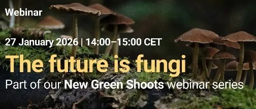 Ein Bild für ein Webinar über Pilze mit dem Titel 'Die Zukunft ist Pilze', geplant für den 27. Januar 2026 von 14:00-15:00 CET. Logos der beteiligten Organisationen sind sichtbar.