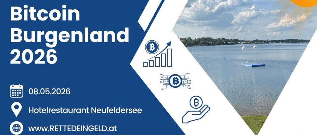 Eine Werbung für ein Restaurant in der Nähe von Neufeldersee, gesponsert von 21Bitcoin. Die Anzeige zeigt einen blau-weißen Hintergrund, einen Blick auf den See und ein Bitcoin-Symbol.
