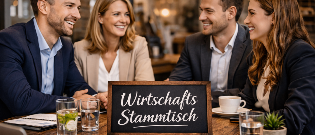 Vier Menschen sitzen lächelnd um einen Tisch in einem Restaurant. Ein Tafel mit den Worten 'Wirtschafts Stammtisch' steht auf dem Tisch.
