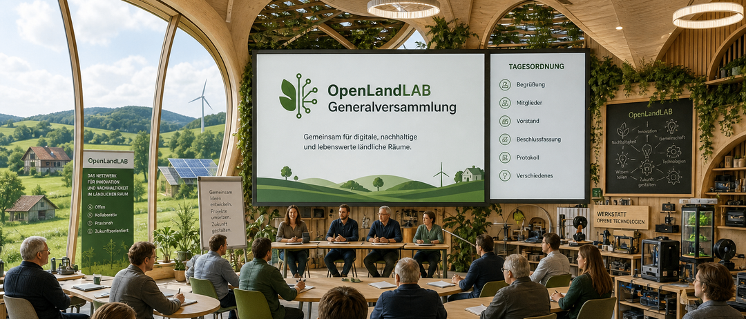 Eine Gruppe von Menschen sitzt in einem modernen Besprechungsraum um Tische herum. Eine große Leinwand zeigt OpenLandLAB Generalversammlung. Der Raum hat große Fenster und Pflanzen.