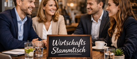 Four people sitting around a table in a cafe. A blackboard with the words Wirtschafts Stammtisch is on the table. There are cups, a saucer, and a laptop on the table.