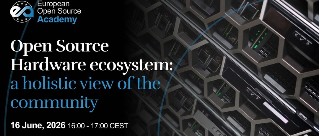 Ein Nahaufnahme eines Server-Racks mit grünen Lichtern, die den Betrieb anzeigen. Der Textüberlagerung steht 'Source Software-Ökosystem: Ein ganzheitlicher Blick auf die Gemeinschaft' mit einem Zeitstempel 16:00 - 17:00 CEST unten links.