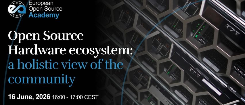 Ein Nahaufnahme eines Server-Racks mit grünen Lichtern, die den Betrieb anzeigen. Der Textüberlagerung steht 'Source Software-Ökosystem: Ein ganzheitlicher Blick auf die Gemeinschaft' mit einem Zeitstempel 16:00 - 17:00 CEST unten links.