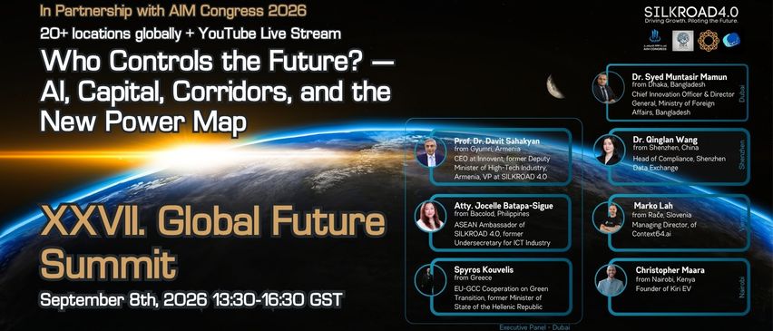 Ein Plakat für den Global Future Congress 2026 mit einer Erdkarte und einem Mond im Hintergrund. Es listet Redner aus verschiedenen Ländern auf.