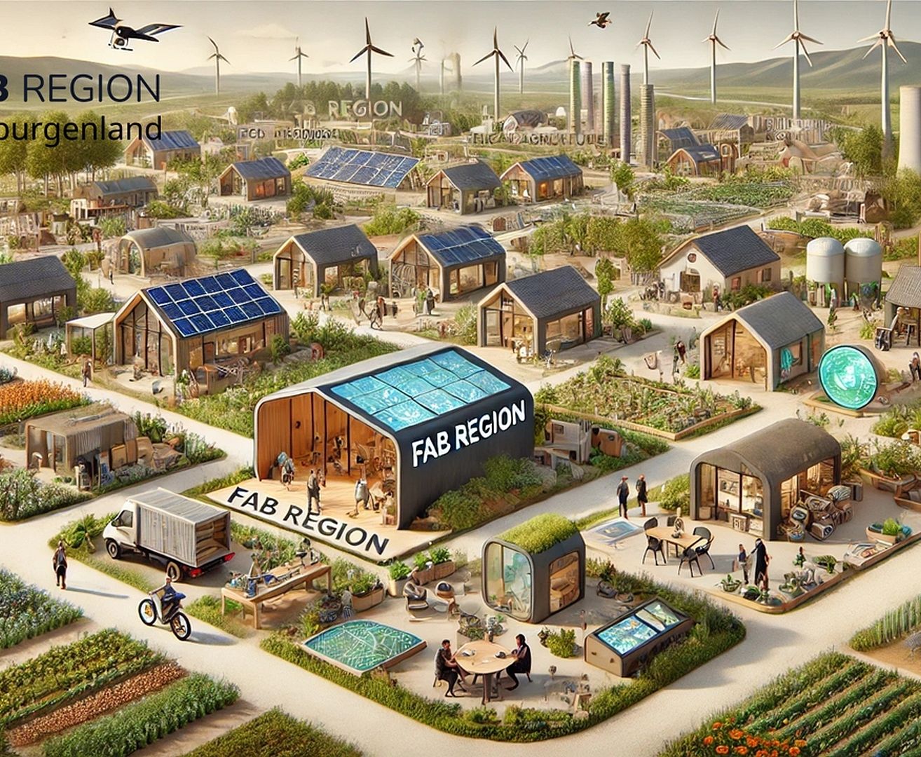 Eine Luftaufnahme einer futuristischen Stadt, 'FAB REGION', mit modernen Häusern, Solarpaneelen und Windrädern. Menschen gehen und fahren mit Fahrrädern durch die Stadt.