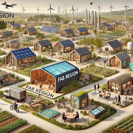 Eine Luftaufnahme einer futuristischen Stadt, 'FAB REGION', mit modernen Häusern, Solarpaneelen und Windrädern. Menschen gehen und fahren mit Fahrrädern durch die Stadt.