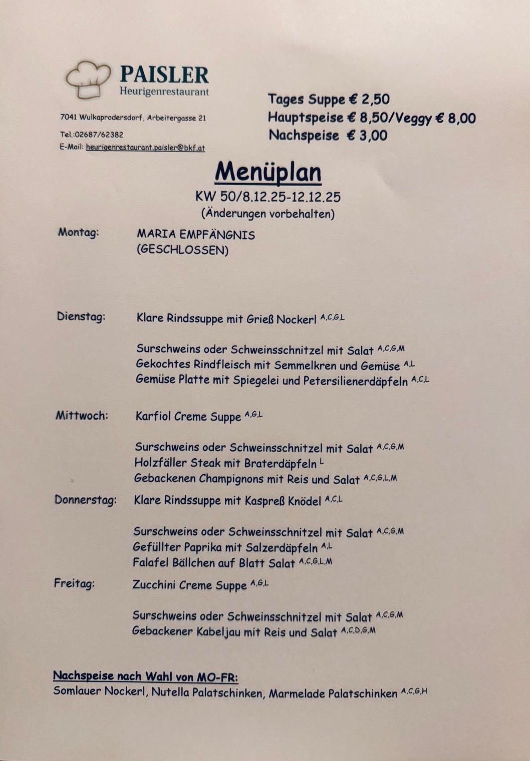 Weekly menu for the week of August 5th, 2025, includes main dishes priced at €8.50 and vegetarian options at €8.00. Contact: 02687/62382, email: heurigenrestaurant.paisler@bkf.at. Menu items include soup, pork dishes, and various salads. Closed on Mondays.