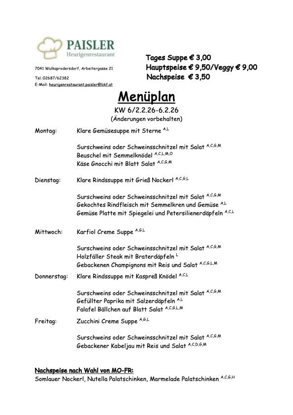 Wochenmenü für die Woche vom 6. bis 26. Suppe kostet 3 Euro, Hauptspeise 9,50/veggy 9 Euro, Nachspeise 3,50 Euro. Verschiedene Suppen und Hauptgerichte mit aufgeführten Zutaten.