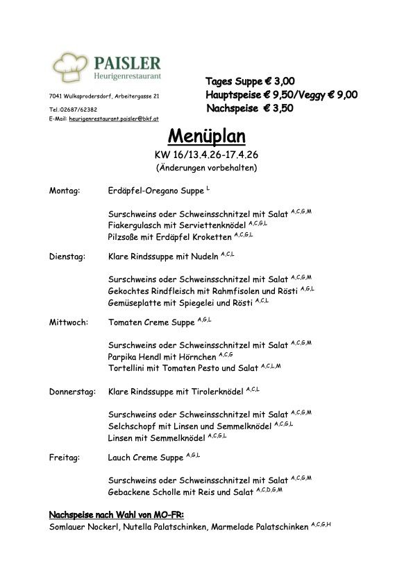 A restaurant menu for the week of April 16-26, 2023. Soup costs €3, main dishes €9.50/Veggi €9, and dessert €3.50. Each day features a different soup and main dish with vegetarian options available.