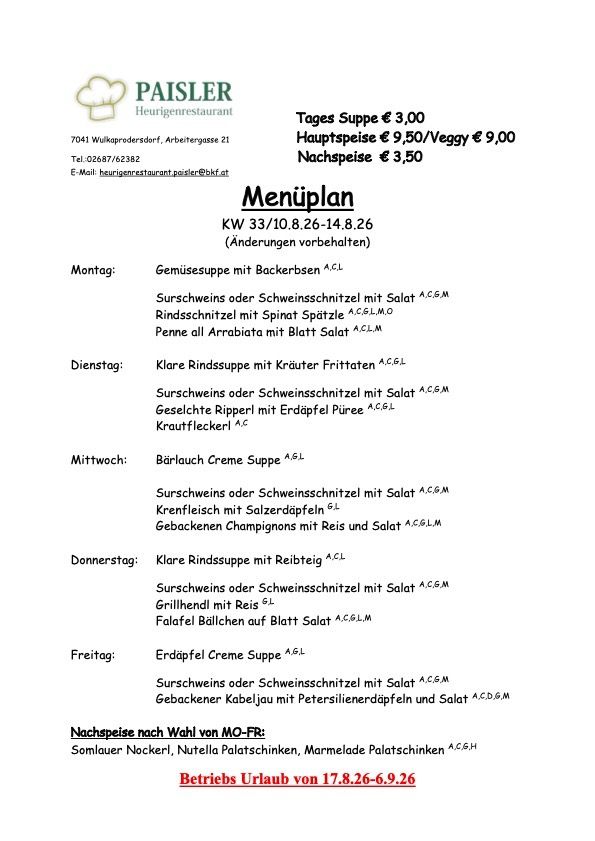 Wöchentliches Menü für ein Restaurant mit Suppen, Hauptgerichten und Desserts für jeden Tag aufgeführt. Preise für Suppen, Hauptgerichte und Desserts sind angegeben. Das Menü enthält vegetarische Optionen. Öffnungszeiten sind von 10:00 bis 14:00 und 18:00 bis 22:00. Kontaktinformationen sind enthalten.