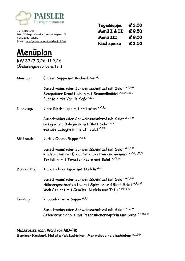A menu plan from a restaurant for the week of July 30th to August 5th, 2026, including daily soups, main courses, and desserts. Prices for soups, menu options, and desserts are listed.