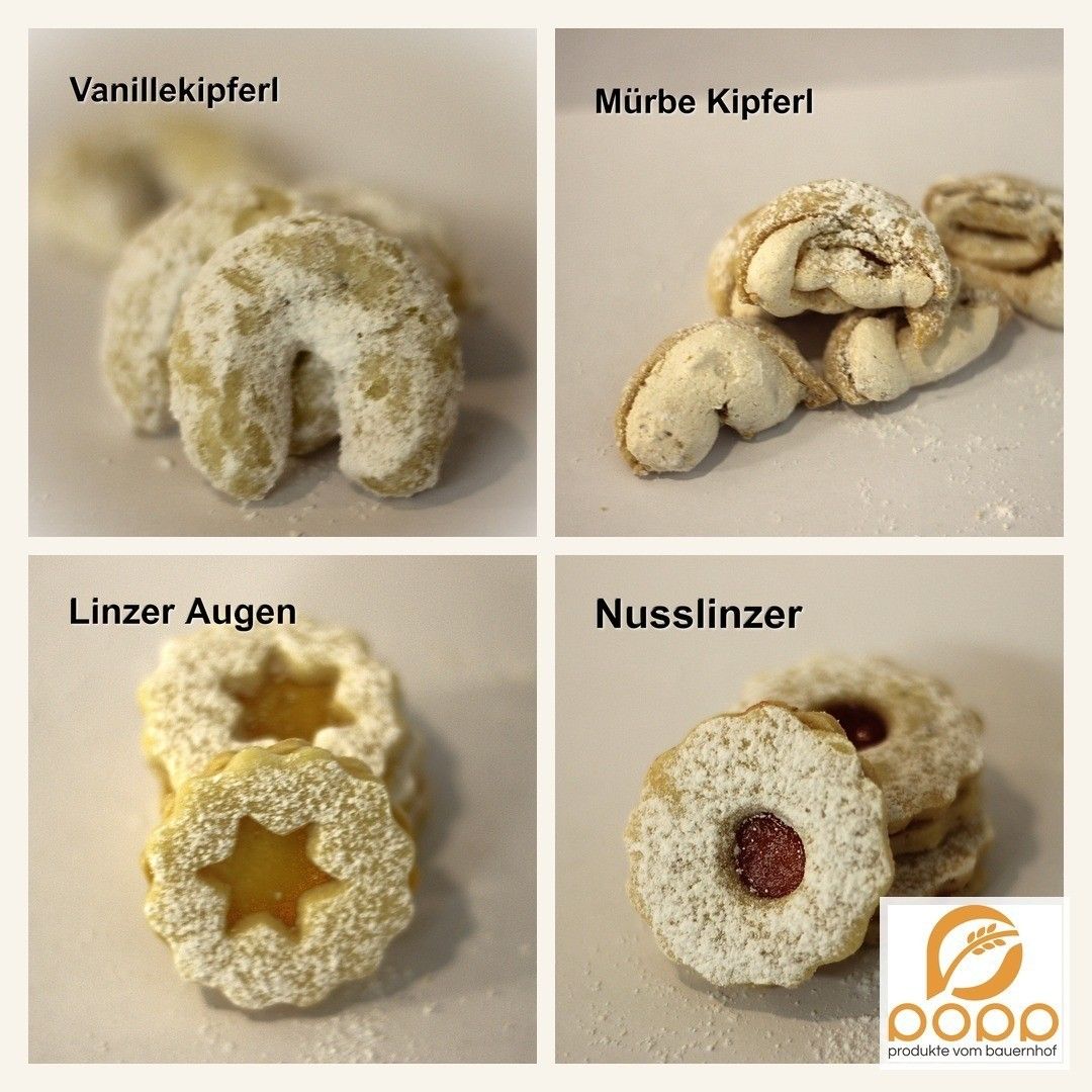 Vier verschiedene Arten von Keksen werden gezeigt. Oben links: Vanillekipferl. Oben rechts: Murbe Kipferl. Unten links: Linzer Augen. Unten rechts: Nusslinzer.