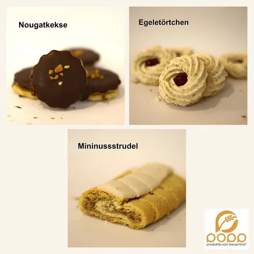 Das Bild zeigt drei verschiedene Arten von Desserts. Das erste ist ein Schokoladenkuchen, das zweite ist eine Pastete mit roter Füllung und das dritte ist eine Pastete mit weißer Füllung. Jedes Dessert ist auf einem weißen Hintergrund.