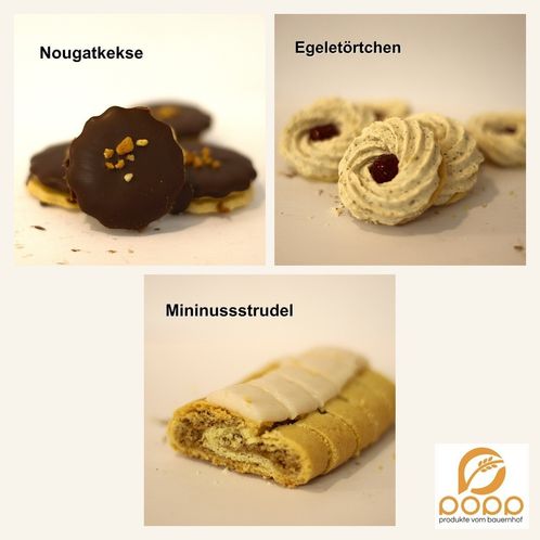Das Bild zeigt drei verschiedene Arten von Desserts. Das erste ist ein Schokoladenkuchen, das zweite ist eine Pastete mit roter Füllung und das dritte ist eine Pastete mit weißer Füllung. Jedes Dessert ist auf einem weißen Hintergrund.