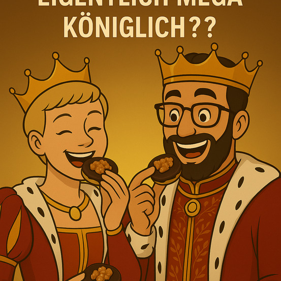 Zwei Menschen in mittelalterlicher königlicher Kleidung lächeln und essen Donuts. Der Text lautet 'Liegenlich Mega Königlich??' auf Deutsch.