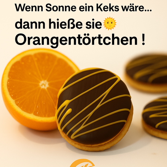 Ein Foto von drei mit Orangenstreifen glasierten Schokoladendonuts, einem daneben liegenden geschnittenen Apfel, und einer Textüberlagerung mit einer verspielten Phrase über Donuts und die Sonne.