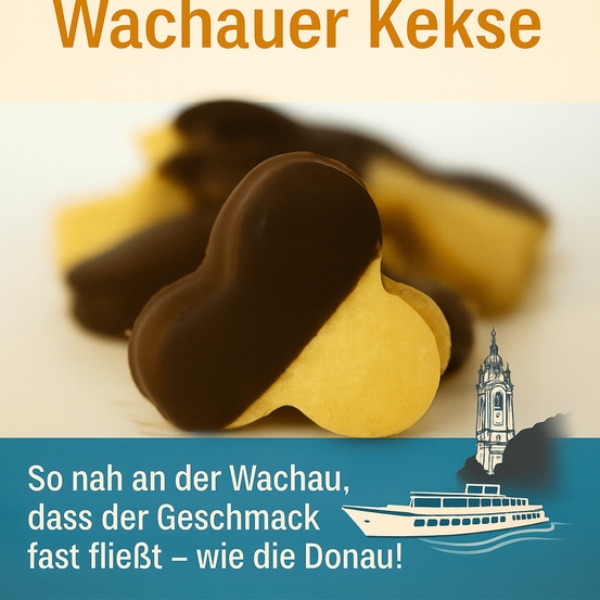 Ein Poster zeigt Wachauer Kekse in Schokoladenglasur und betont deren Nähe zur Wachau-Region und die Schnelligkeit des Geschmacks.