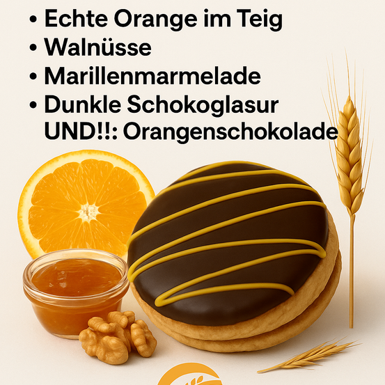 Ein Schokoladenglasur-Donut mit Orangenschale, Walnüssen und Marmelade. Daneben befindet sich eine Orangenscheibe und ein Glas Orangenmarmelade.