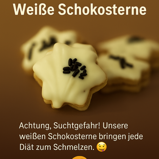 Ein Bild von drei weißen Schokoladenkeksen mit schwarzen Toppings auf einem braunen Hintergrund. Ein Caption lautet: Achtung, Suchtgefahr! Unsere weißen Schokoladenkekse bringen jede Diät zum Schmelzen. Begleitet von einem lächelnden Emoji.