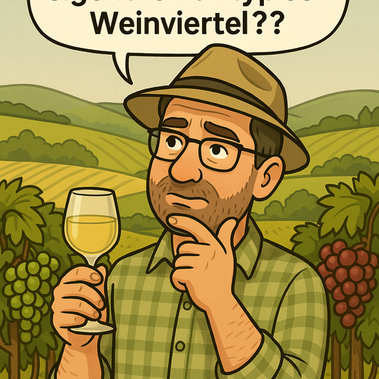 Ein Mann im Weinberg mit einem Glas Wein in der Hand, der etwas mit seiner Hand am Kinn hinterfragt.