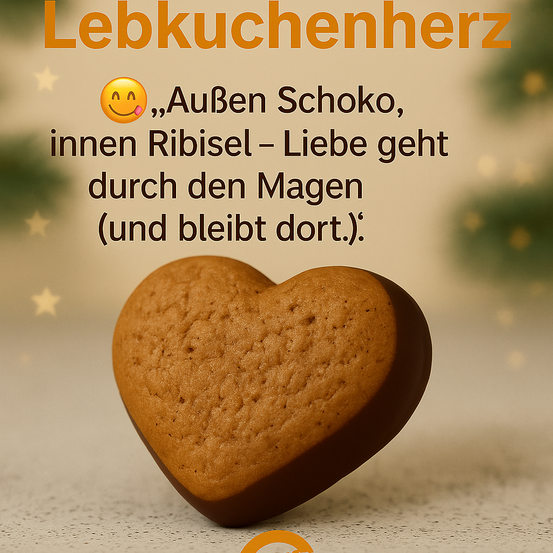Ein herzförmiger Keks mit Schokoladenüberzug, einem lächelnden Emoji und einem festlichen Hintergrund. Er hat einen Text auf Deutsch, der 'Liebe geht durch den Magen' lautet. Es scheint ein Keks zum Feiertag zu sein.