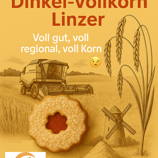 Eine Werbung fur Dinkelmehl Linzer Kekse zeigt einen Dreschmaschine und eine Windmühle mit einem lächelnden Gesicht und betont regionale, vollwertige Getreidequalität.