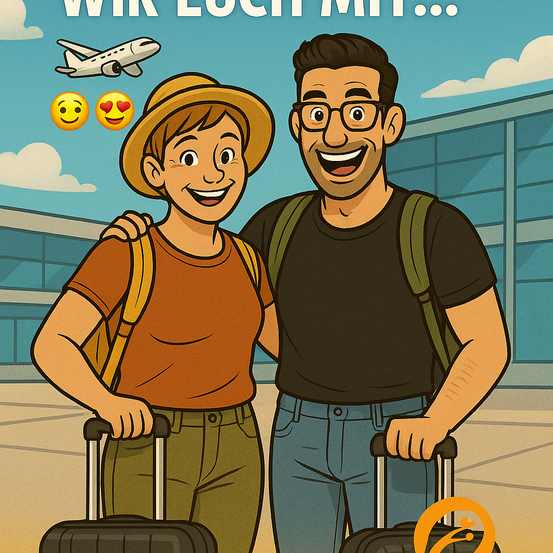 Ein Paar steht mit Koffern am Flughafen, lächelt mit einem Flugzeug und Emojis im Hintergrund.