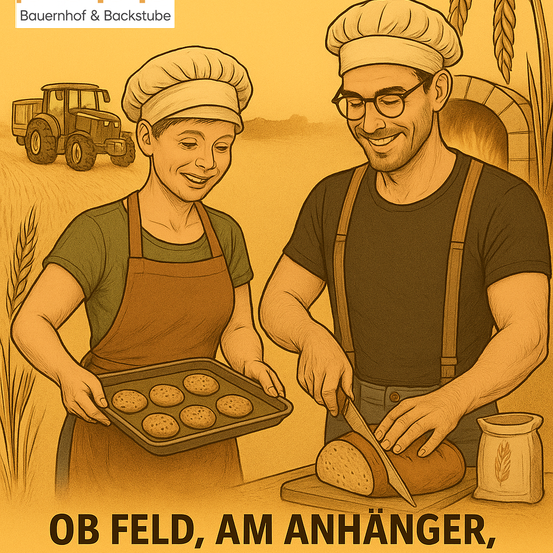 Eine Illustration eines Mannes und einer Frau beim Backen. Sie tragen Schürzen und Kochmützen. Der Mann schneidet Brot, während die Frau ein Tablett mit Keksen hält. Dahinter steht ein Traktor und ein Feld. Das Bild enthält einen Wasserzeichen.