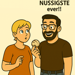 Ein Junge und ein Mann halten eine Nuss, Text lautet 'NUSSSIGSTE ever!'. Der Junge sieht überrascht aus, während der Mann lächelt.