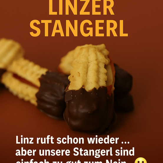 Ein Bild mit Linzer Stangerl Keksen auf rotem Hintergrund. Die Kekse sind mit Schokolade überzogen und in einer Reihe angeordnet. Die Worte 'Linz ruft schon wieder...' sind in Weiß angezeigt.