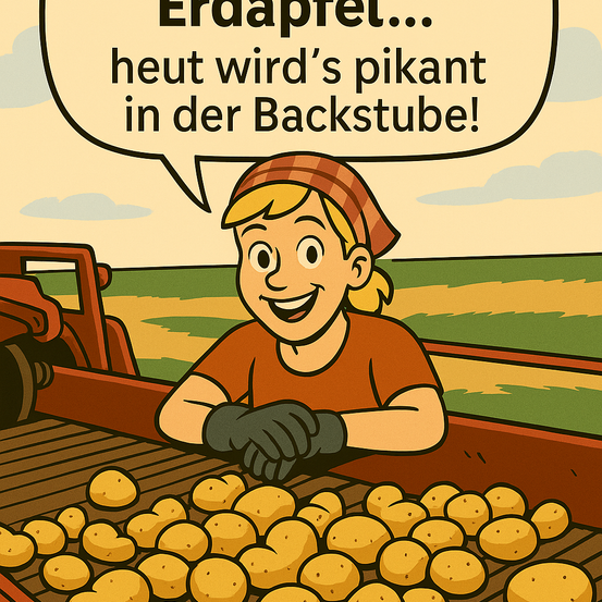 Eine Illustration eines lächelnden Kindes mit rotem Bandana und Handschuhen, das vor einem Haufen Kartoffeln steht, mit einem Sprechblase, die sagt: 'Erdäpfel... heute wird's pikant in der Backstube!' Dahinter steht ein roter Traktor.