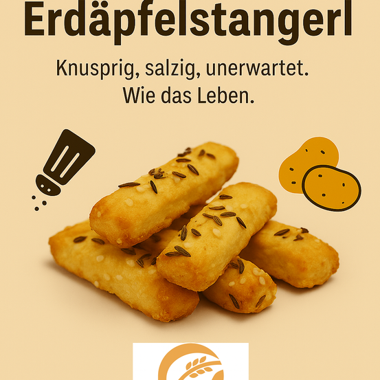 Eine Werbung für Kartoffelstäbchen zeigt einen Haufen knuspriger Kartoffelsticks mit Samen darauf, neben einer Kartoffelikone. Der Text lautet 'Knusprig, salzige, unerwartet. Wie das Leben.' Es bedeutet 'Knusprig, salzig, unerwartet. Wie das Leben.'